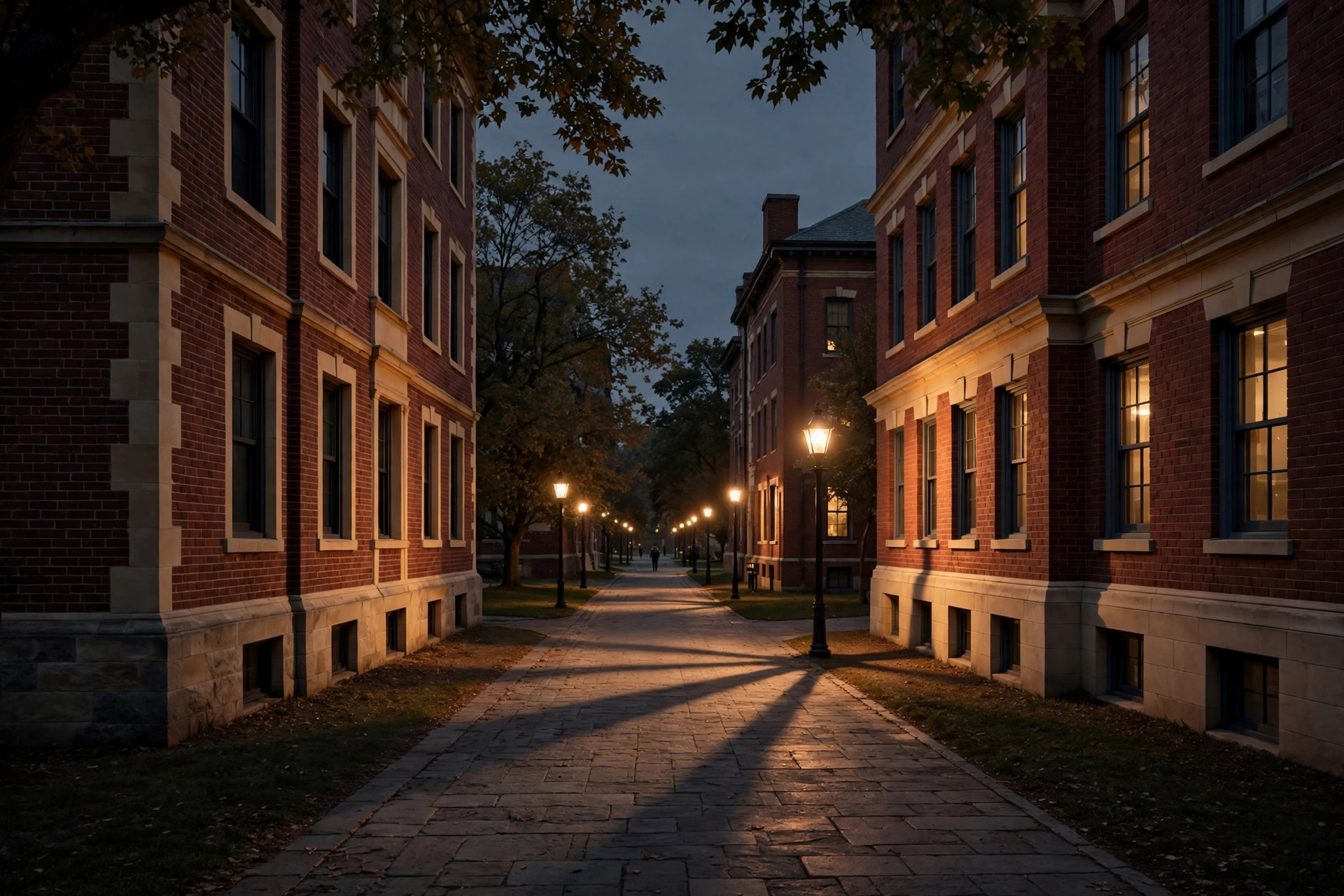 A campus in the early evening: a lit walkway between academic buildings, with a security patrol in the distance